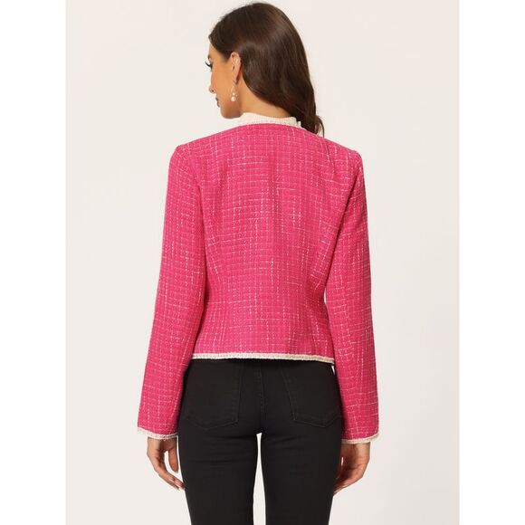 Plaid Tweed Blazer Long Sleeve Open Front Workwear Short Jacket Hot Pink - Picture 4 of 6